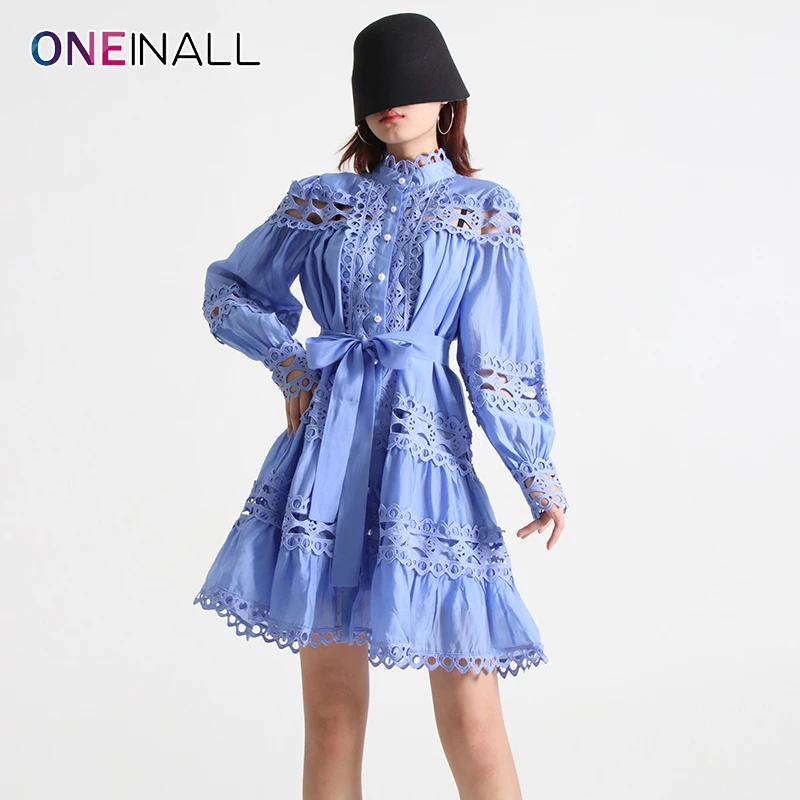 ONEINALL Hollow Out Mini Dresses For Women Stand Collar Long Sleeve High Waist Patchwork Lace Up A Line Dress Female Clothing