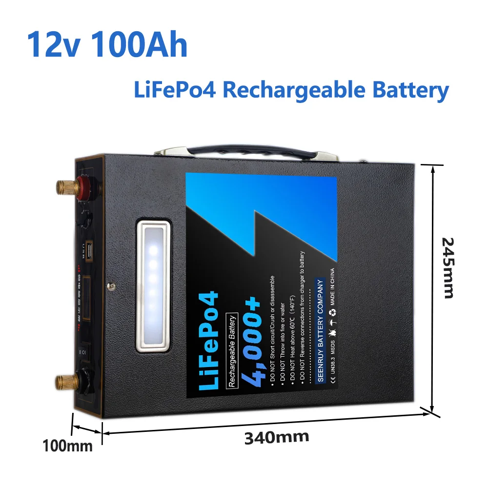 12v 100Ah Large capacity Lifepo4 Battery Pack Built in BMS Optional Bluetooth for RV Outdoor Campers with 10A Charger