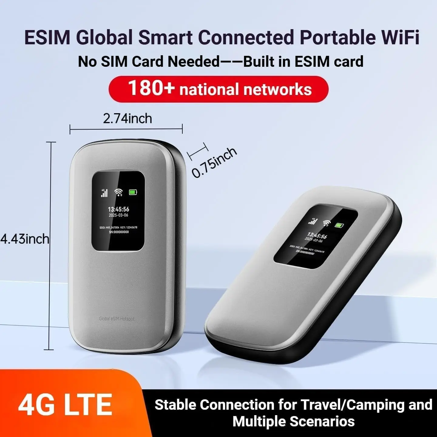 Portable Mobile Hotspot, 4G LTE WiFi 6, Global Travel WiFi Hotspot, 180+ Countries, Up to 48 hrs of Usage time, up to 16 Devices
