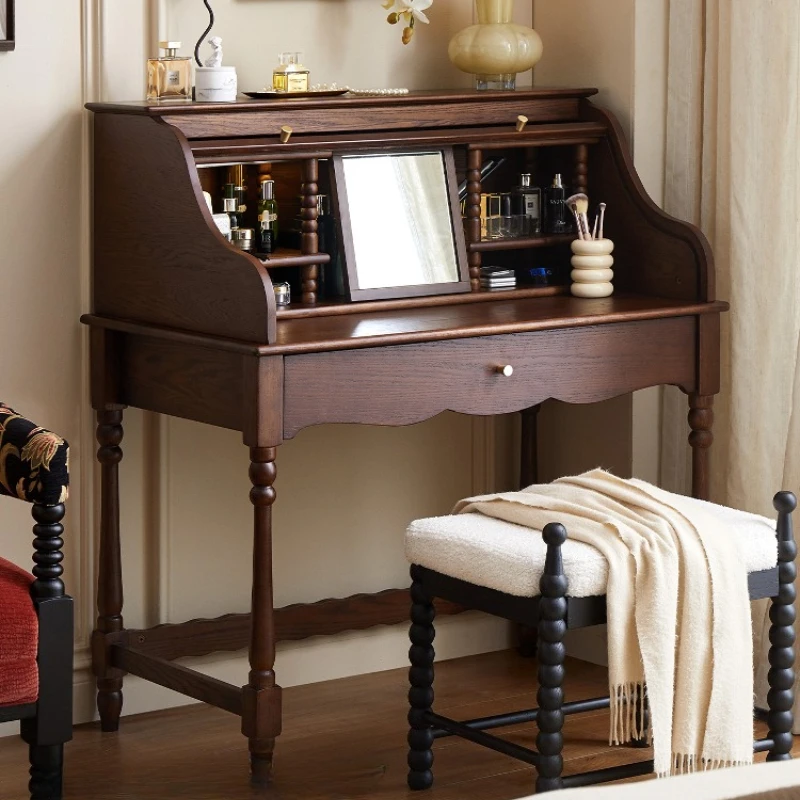 

Туалетный столик с рулонными шторками для хранения вещей, встроенная мебель для спальни, туалетный столик с зеркалом, французское винтажное средневековое дерево