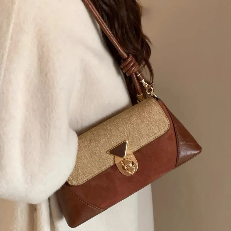 Women Shoulder Bag Korean Style Retro Brown PU Leather Vintage Female Small Axillary Bags Fashion Ladies Gold Lock Handheld Bags