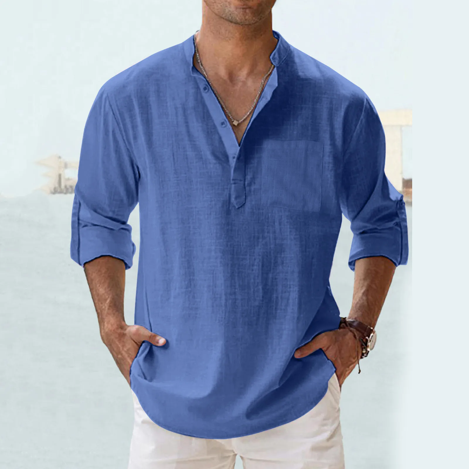 

Streetwear Men Lightweight Shirts Long Sleeve Henley Cotton Linen Shirts for Men Beach Hawaiian Shirts Breathable Collar Tshirts