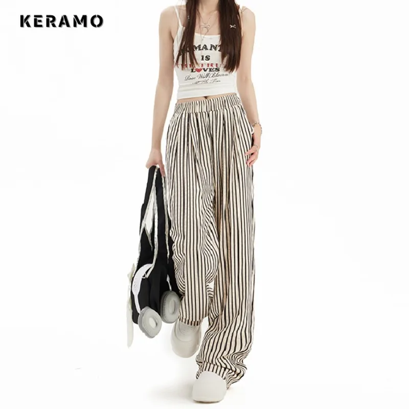 

2024 Summer Casual Retro Striped Print High Waist Wide Leg Pants Women's Fashion Loose Vintage Soft Full Length Trousers