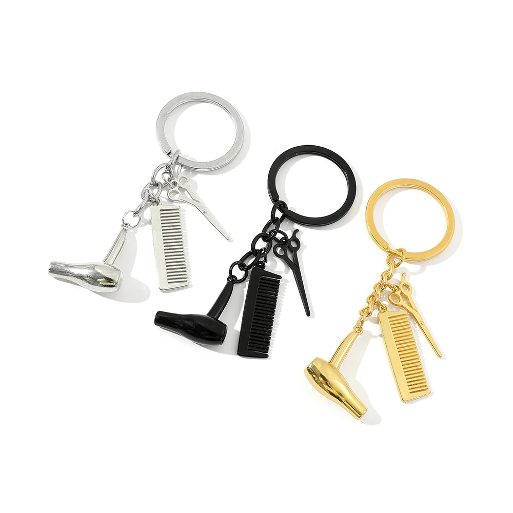 Fashion Creative Key Chain Hair Dryer Scissor Comb Shape Pendant Key Ring Men Women Gold Silver Color Metal Car Key Holder Gifts