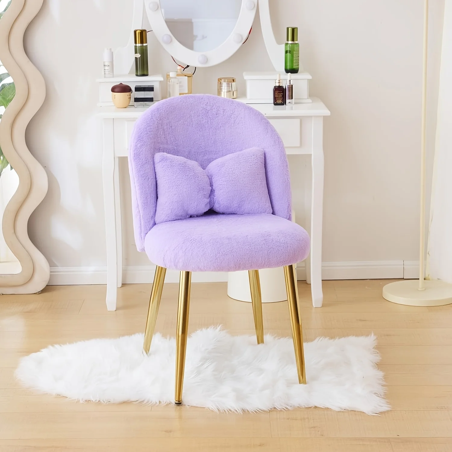 

Girls Vanity Chair with Backrest, Small Lounge Chair Without Wheels, Comfy Chair with Bow Cushions, Makeup Chair with Adjustable Golden Legs, Comfortable Chair for Bedroom, Living Room, Small Space