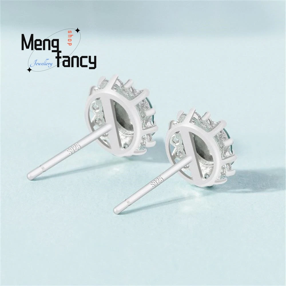 Genuine Natural A-goods Jadeite Blue Water Earrings Ice Jade S925 Silver Inlay Exquisite Elegant Luxury Fashion Charms Jewelry