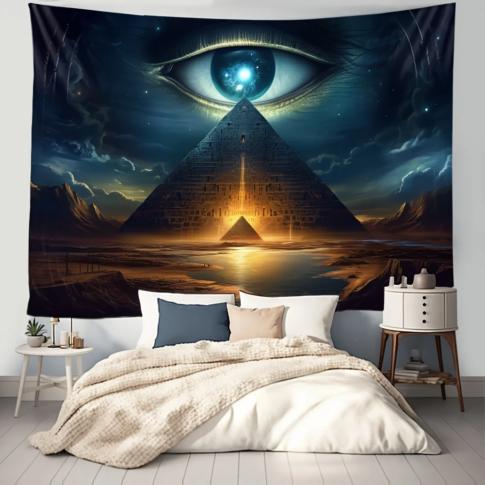 Mystic Eye Pyramid Tapestry, Illuminated Ancient Structure under Cosmic Sky, Spiritual Wall Hanging for Bedroom Living Room