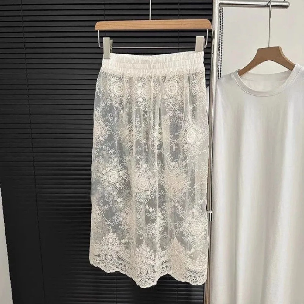 High Waist Lace Underskirt Slips Sweet Long Mesh Underskirt Slips Dress Embroidery Flower Transparent Safety Skirt Petticoat image 5