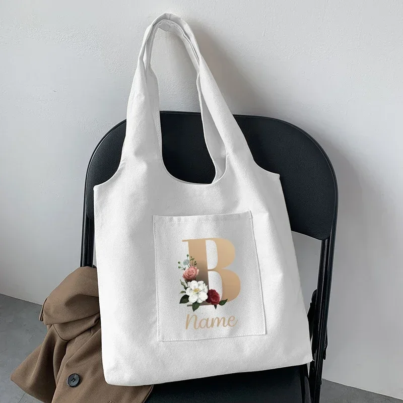 Custom Name Personalized Floral Gold Font Tote Bag Canvas Luxury Shopper Bag Gift for Bridesmaid Teacher Women\'s Foldable Bags