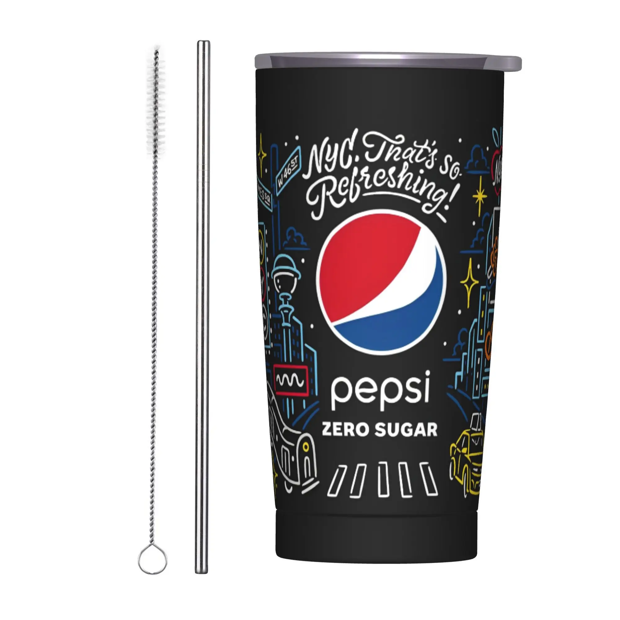 

Cola Pepsi Insulated Tumbler with Straws Stainless Steel Coffee Mugs Office Home Car Bottle Cup, 20oz