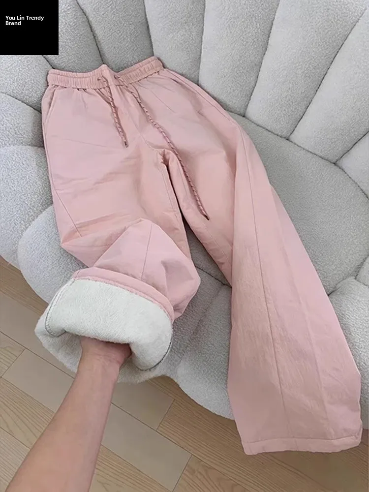 

Теплые хлопковые брюки унисекс для зимнего активного отдыха, розовые, с флисовой подкладкой, лыжные штаны, американский стиль, защита от холода, снегозащитные штаны