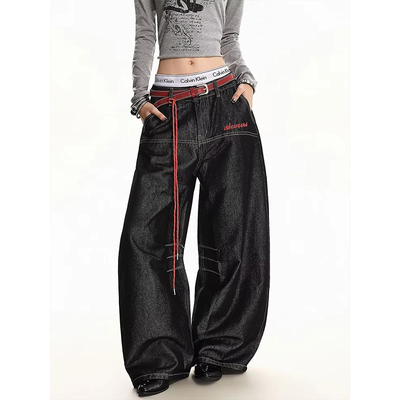 2026  American Retro Letter Embroidery Waist Cord Denim Jeans Women's Autumn New Loose Wide Leg Pants Natural Waist Button Closu