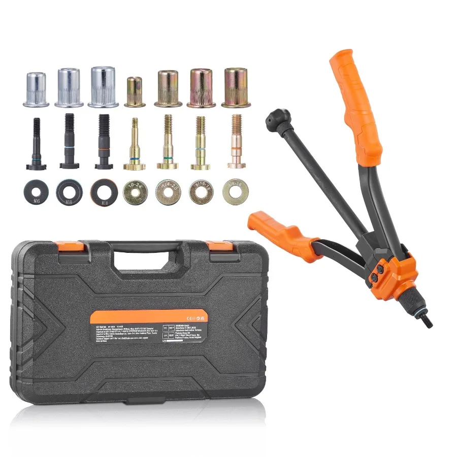 

Professional Rivet Nut Tool Kit, 14-inch Heavy-Duty Installation Tool with 7 Metric SAE Mandrels 10-24, 1/4-20, M6, 5/16-18, M8