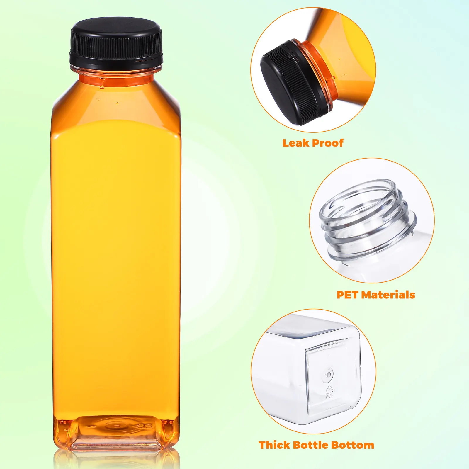 6Pcs Square Clear Juice Bottles Reusable Beverage Containers Lids Stackable Space Saving for Juice Milk Dressing