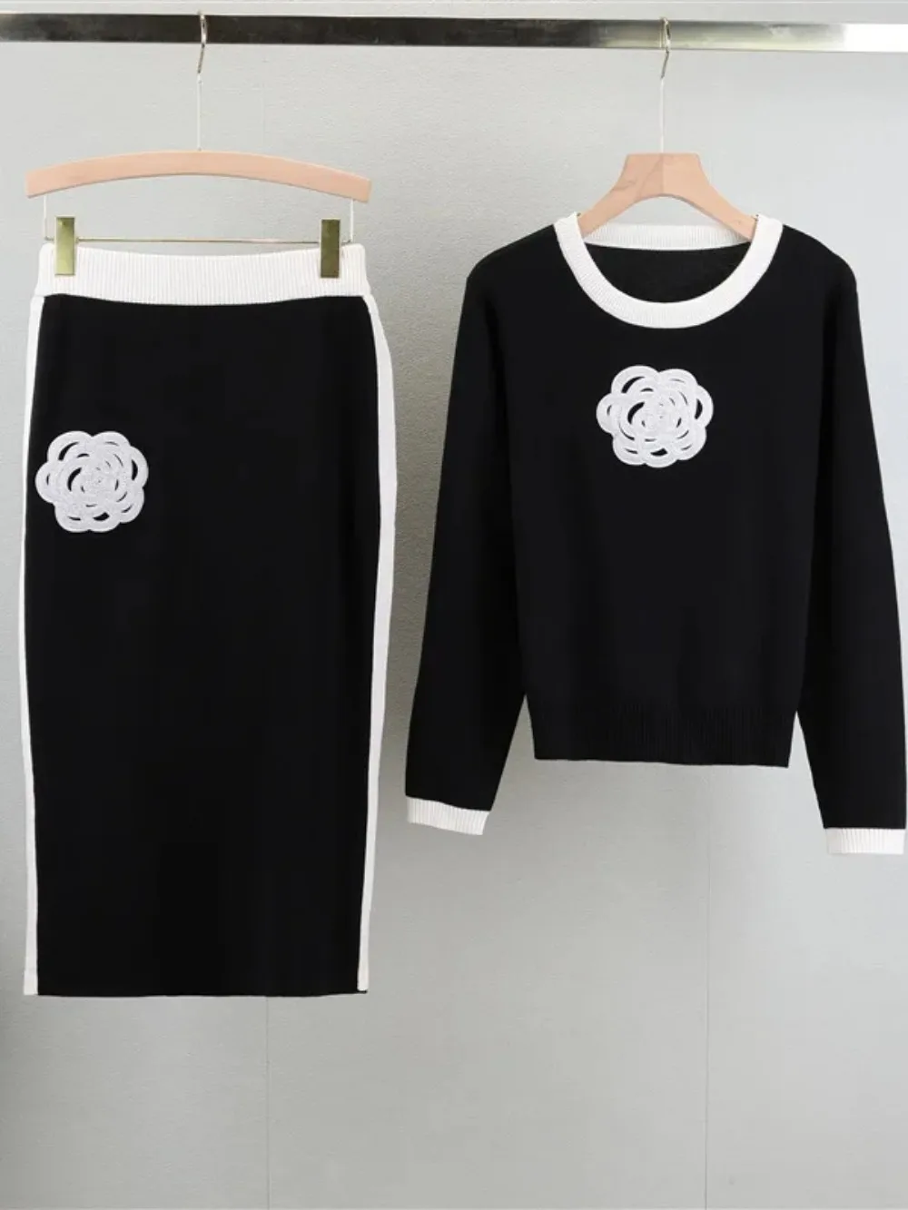 Two Piece Sets Muslim Women Pullover Flowers Round Collar Sweater Long Skirt Knitting Suit Arabic Ensemble Knit Skirts Outfits