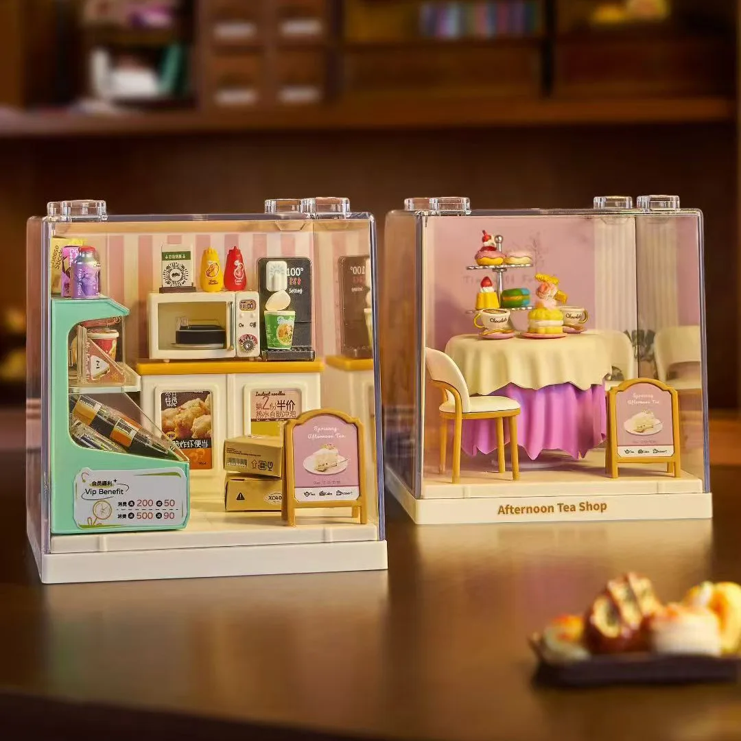 Creative DIY House Mininatures Scene Assemble Model Kit with Dust Cover Dessert Ice Cream Shop Mini DollHouse Models Toys Gifts
