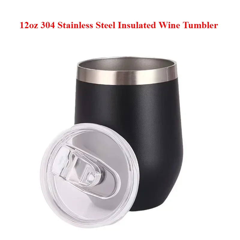 12oz 304 Stainless Steel Insulated Wine Tumbler, Double Wall Vacuum Cup with Clear Sliding Lid