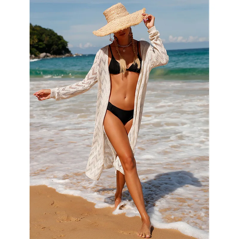 Beachwear Swimsuit Coverup for Women Beach Wrap Beach Tunic Long Sleeve Sexy Hollow Cardigan Beach Bikini Blouse Swimwear