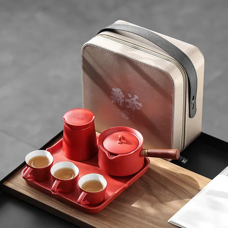 Travel Kung Fu Tea Set Portable Outdoor Ceramic Tea Tray One Pot Three Cups with Can Black White Tea Ceremony Full Tool Gift Set