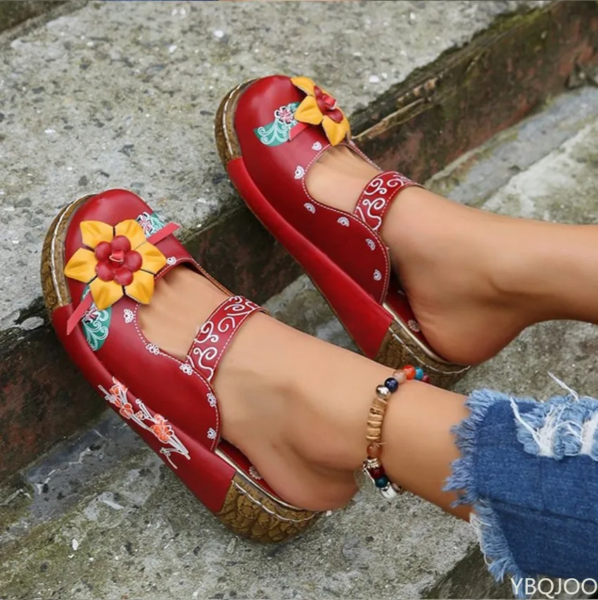 Sandalias romanas cómodas con plataforma para mujer, zapatos antideslizantes de flores de talla grande, zapatillas de cuña Baotou para verano, 2022