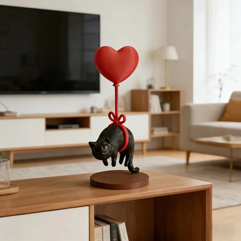 SFloating Cat w/ Heart Balloon - Romantic Desk Decor for Couples, Home, Bookshelf, Bedside. Cute & Cozy!