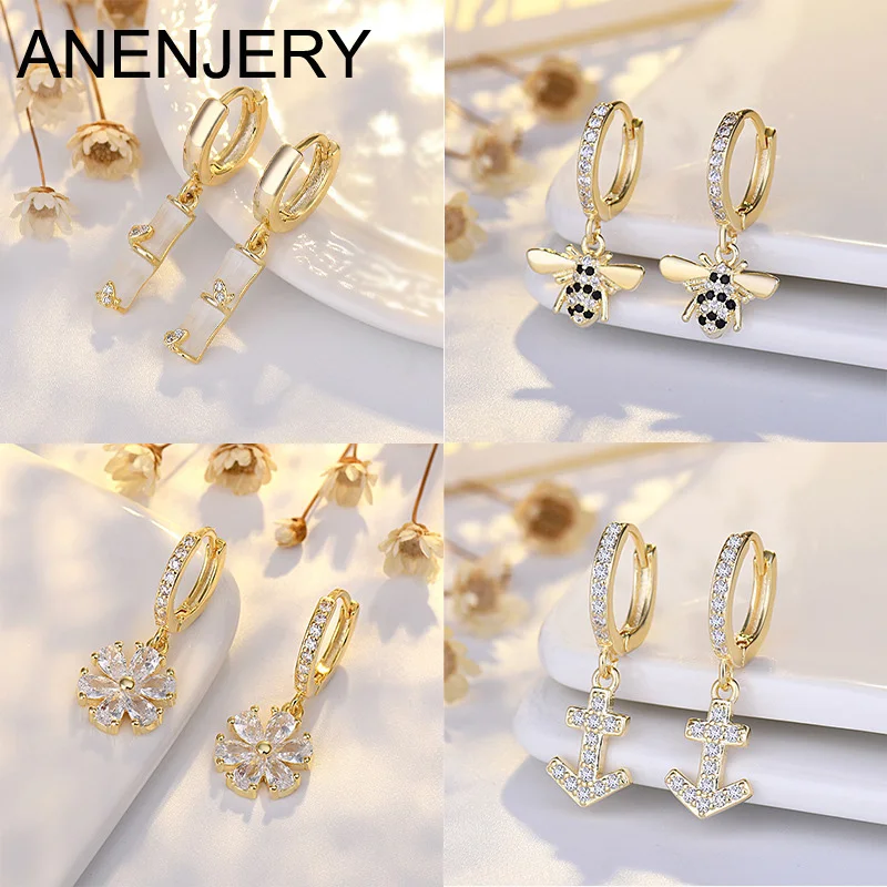 ANENJERY High Quality AAA Cubic Zircon Hoop Earrings for Women Gold Plated 2023 Trend Luxury Korean Fashion Earrings Jewelry