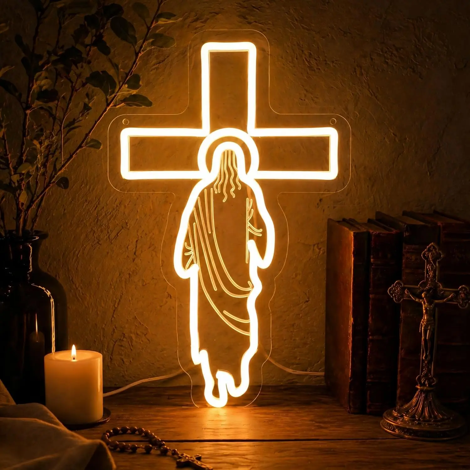 Jesus Cross LED Neon Sign USB Powered Wall Light For Prayer Room Chapel Church Bedroom Cabin Faith Wall Decor Religious Gift