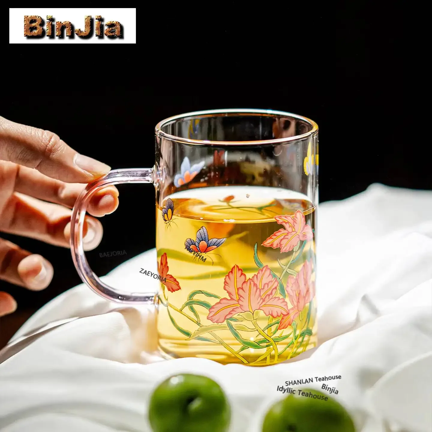 300ml Iris Flower Glass Cup Coffee Mug Couple Handgrip Cups Afternoon Tea Mug Personal Office Water Cup Tea Services