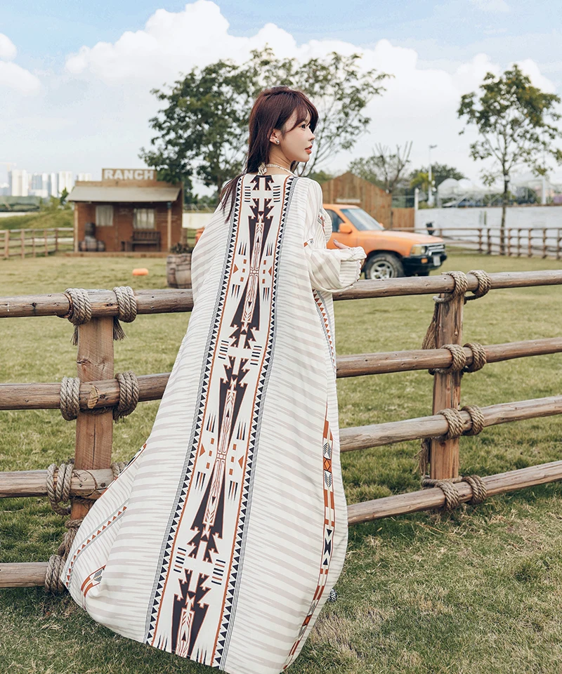 

n Print Long Open Cardigan Beach Sle Geometric Floral Dr with Belt Sun Protection Streetwear Two-Piece Set Polyes...