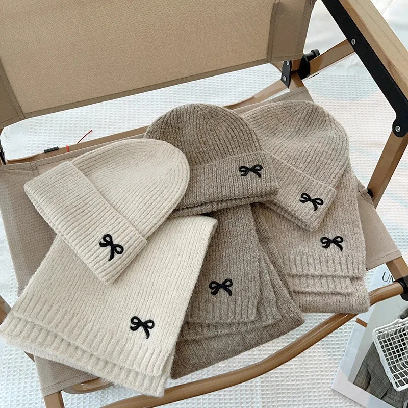 2PCS Korean Kids Knitted Hats Scarfs Suit Winter Children Beanie Soft Thicken Girls Boys Hat Cute Bow Embroidered Warm Cap