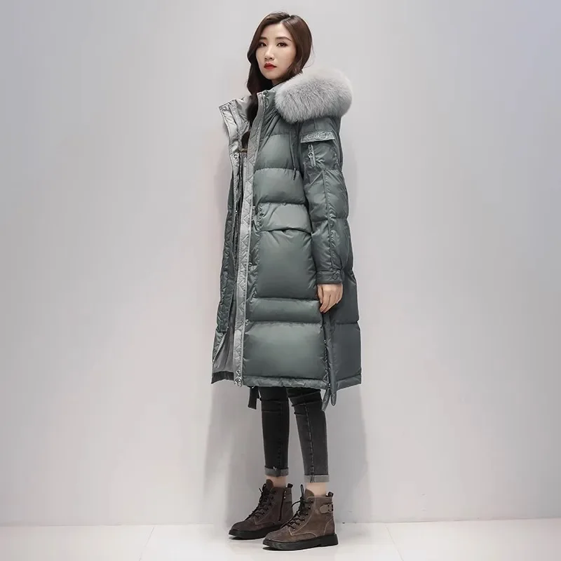 

High quality Hooded Down Jacket Women's 2023 Winter New Real Fur collar White duck down Thicken Coat Female Warm Long Parkas