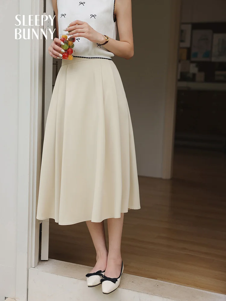High Waist Pleated A-Line Midi Skirt Women Summer Commuter Style Flowy Flared Skirt Petite Friendly Slimming Casual Office Skirt