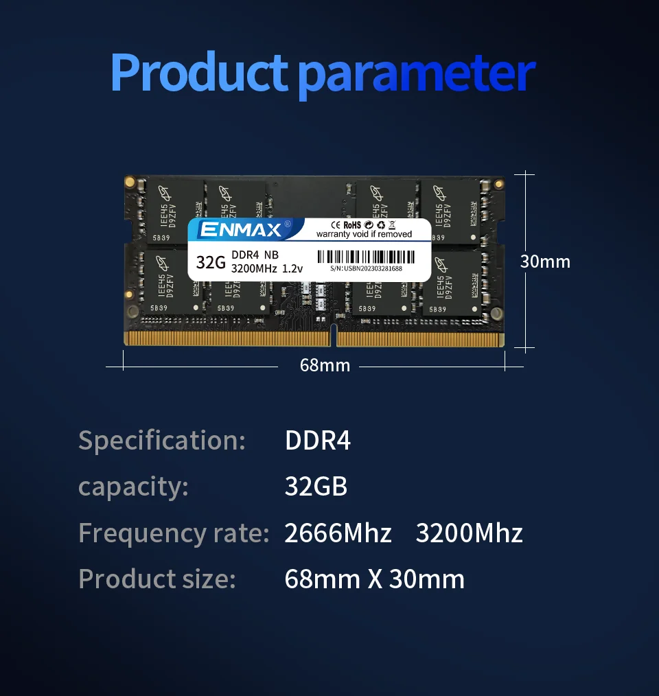 Enmax-Memória RAM Laptop, DDR4, 4GB, 8GB, 16GB, 32GB, 2400MHz, 2666MHz, 3200MHz, SO-DIMM, Módulo RAM, 260Pin