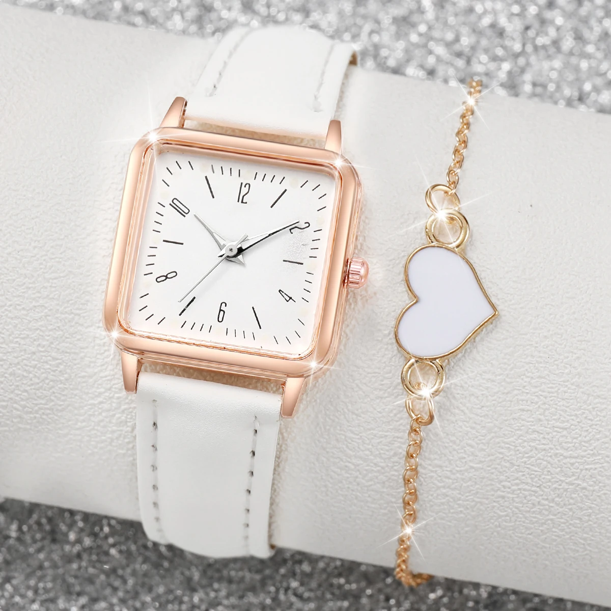 2pcs/Set Square Wristwatch Women\'s Fashionable Leather Quartz Watch&Heart Bracelet