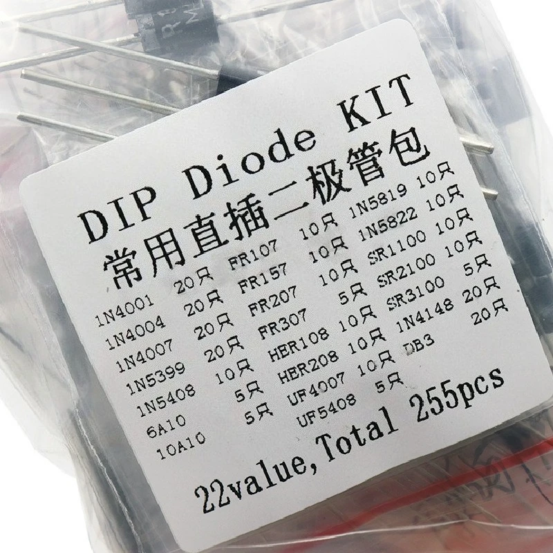 1N4007 Diode Assortment Kit 255Pcs 22 Values 1N5408/1N5822/1N4148/DB3 for DIY
