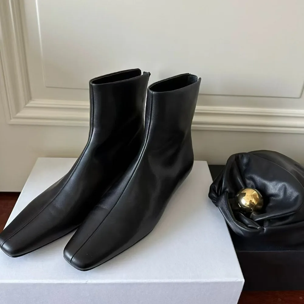 Leather Boots Women Autumn Winterblack Ankle Boots New Velvet Back Zipper Square Head Skinny Shoes Womens Low Heeled Short Boots