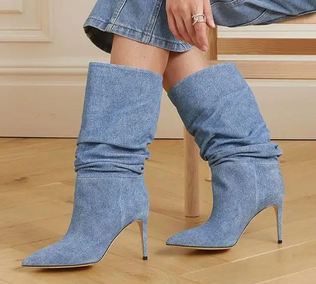

New Ladies Light Blue Jeans Denim Pleated Pointed Toe Stiletto Heel Mid-calf Boots Women Tube Slip On Big Calf Long Botas Shoes