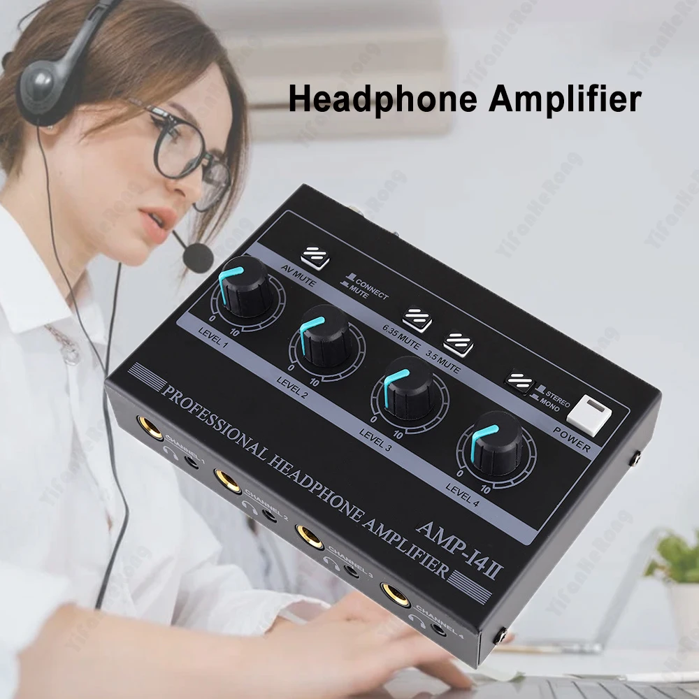 Headphone Amplifier With Power Adapter 4 Channels Ultra Compact Stage Aluminum Alloy Studio Audio Stereo Mixer 6.35mm 3.5mm