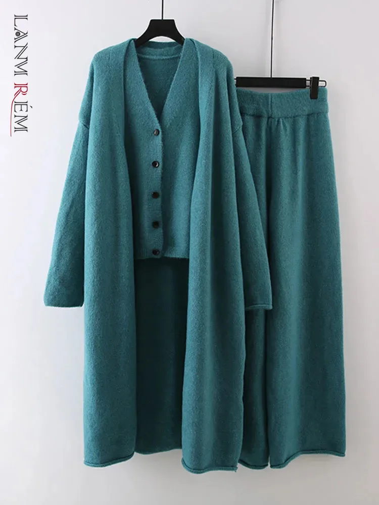 LANMREM Women Knited Three-piece Set Mid Length Sweater Coat With Casaul Vest Wide Leg Pants 2024 Autumn New Clothing 2Z2243