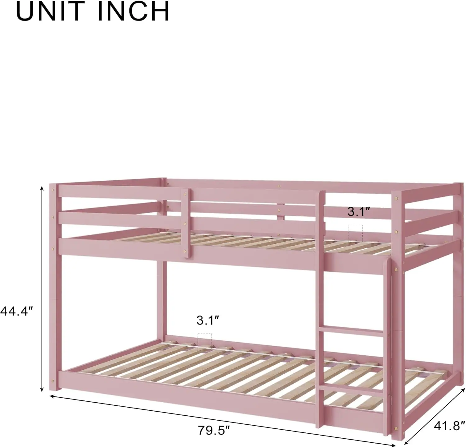سرير مزدوج بطابقين مع سلم، قضبان حماية أمان، إطار من الخشب الصلب، وردي