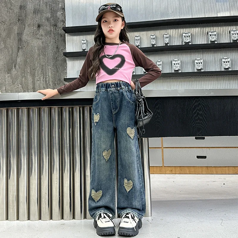 الفتيات أزياء الجينز الربيع والخريف الأطفال في سن المراهقة الحب هول مستقيم الدينيم السراويل الفتيات الرجعية فضفاض واسعة الساق السراويل #6