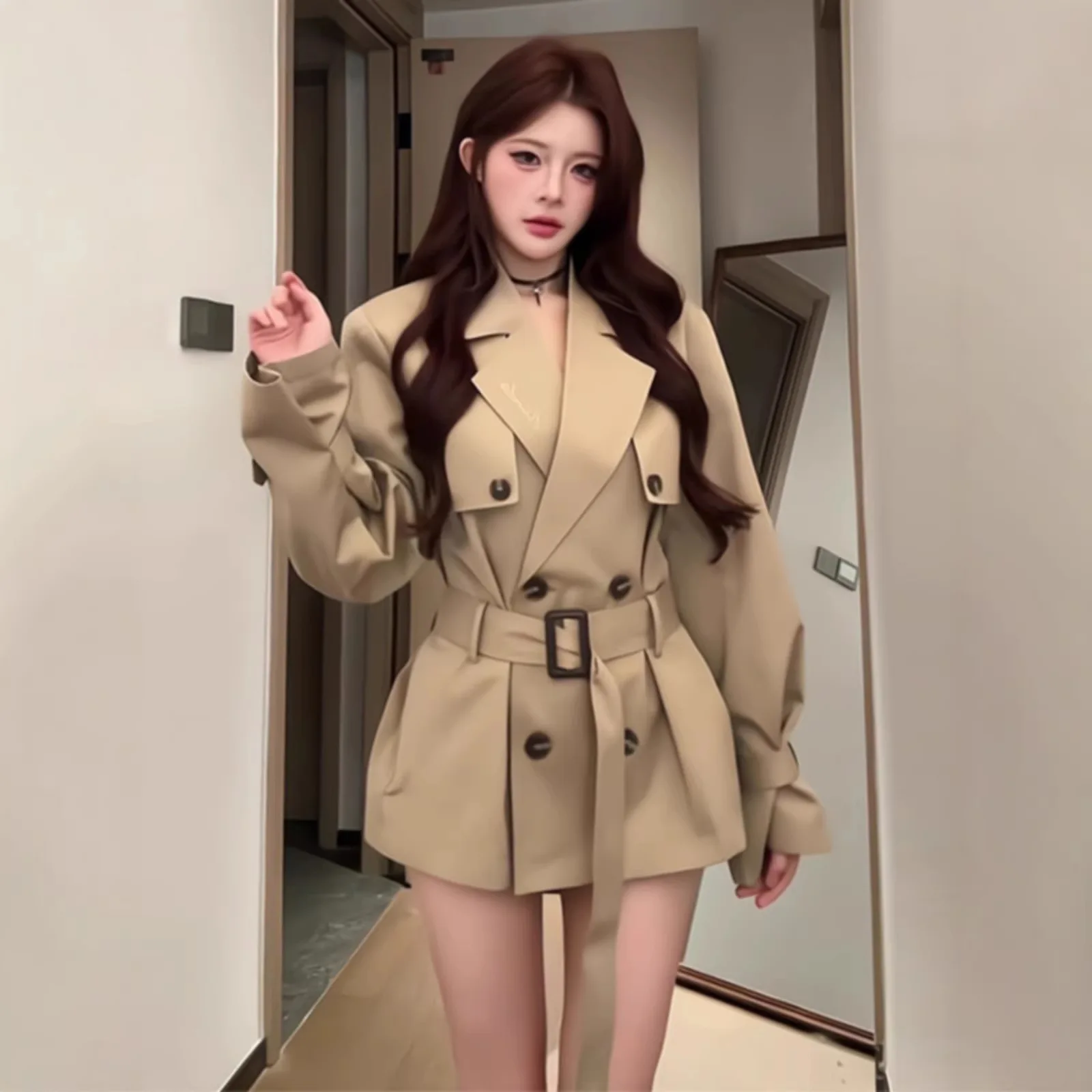 Khaki Color Women's Coat Early Autumn Waist-Cinching Slimming Casual Style Polyester Fiber Double-breasted Buttoned Coat