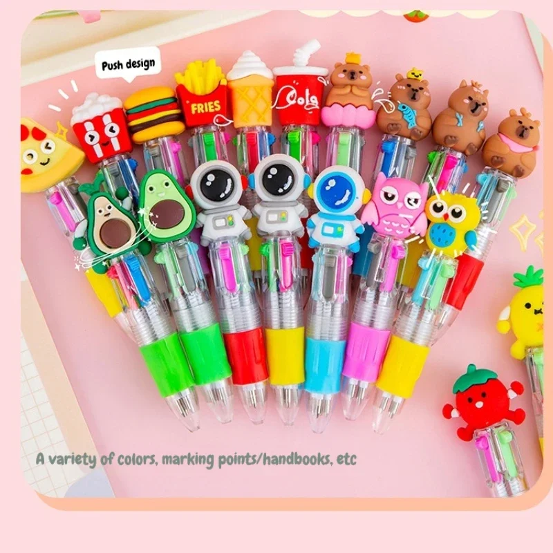 2Pcs/Lot Cute Cartoon Four-Color Mini Ballpoint Pen Kawaii Rabbit Capybara Multicolor Oil Pen School Student Stationery Gifts