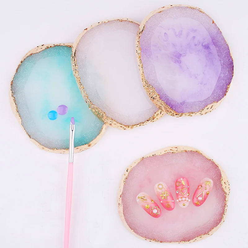 1 adet yuvarlak reçine akik taşı tırnak sanat paleti yanlış Nail İpuçları karıştırma renkli çizim palet jel cila sergileme rafı manikür aracı