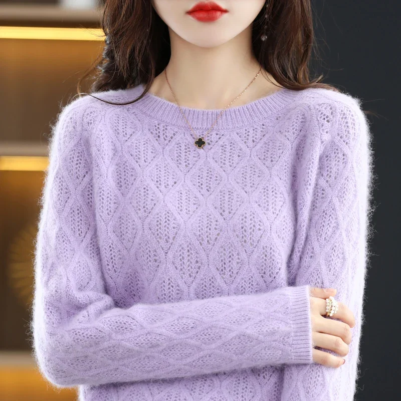 

Hollow-Out Round Neck Mink Cashmere Sweater Women's Pullover Knitted Bottoming Shirt New Autumn Winter With Loose Tops Inside