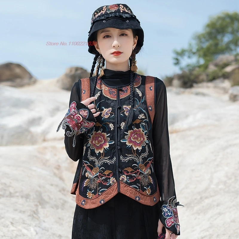

2025 traditional chinese vintage vest national flower embroidery o-neck folk vest oriental retro hanfu tops satin jacquard vest