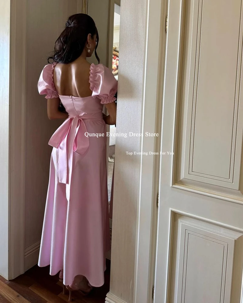 Qunque Eenvoudige Roze Avondjurken Aangepaste Vrouw A-lijn Satijnen Prom Gown Pofmouwen Ruches Vestidos Para Eventos Especiales