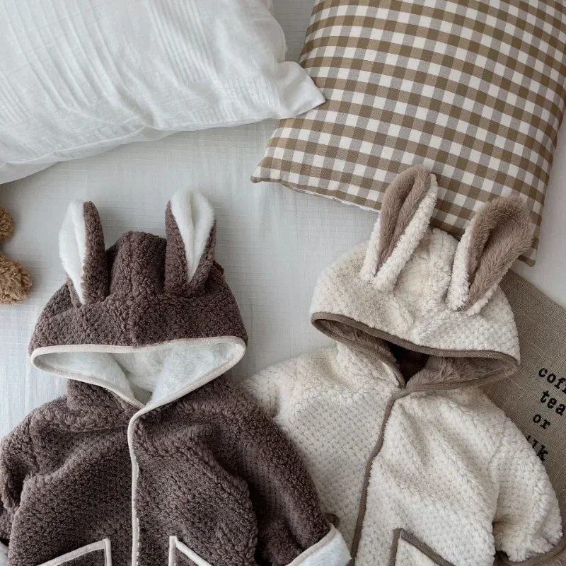 New Winter Baby Clothes Contrast Color Fleece Hooded Rompers Fur Lining Toddler Boys Jumpsuits Girls Warm Outfit