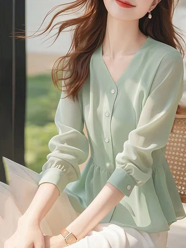 

Fashionable V-Neck Chiffon Shirt Women's Premium Design Autumn Top Commute Style Korean Version Slim Fit Long Sleeve Button up