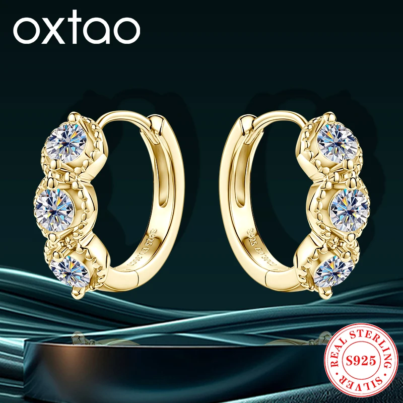 

Серьги-кольца OXTAO 3 мм с муассанитом, элегантные женские висячие серьги с тремя камнями, стерлинговое серебро 925 пробы, позолоченные 14 карат, ювелирные изделия, подарок